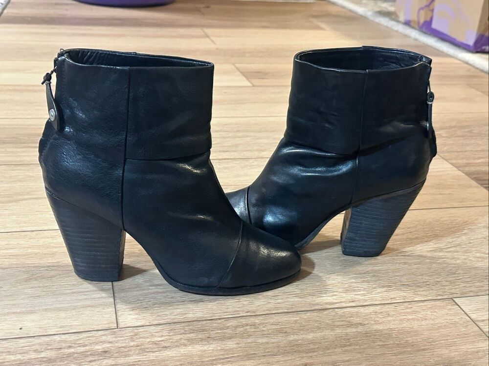 Rag & Bone Womens Black Block Heel Newbury Leather Ankle Booties Size 8.5